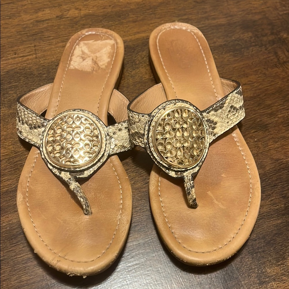 Coach Cream and Brown Sandals with Decorative Medallions